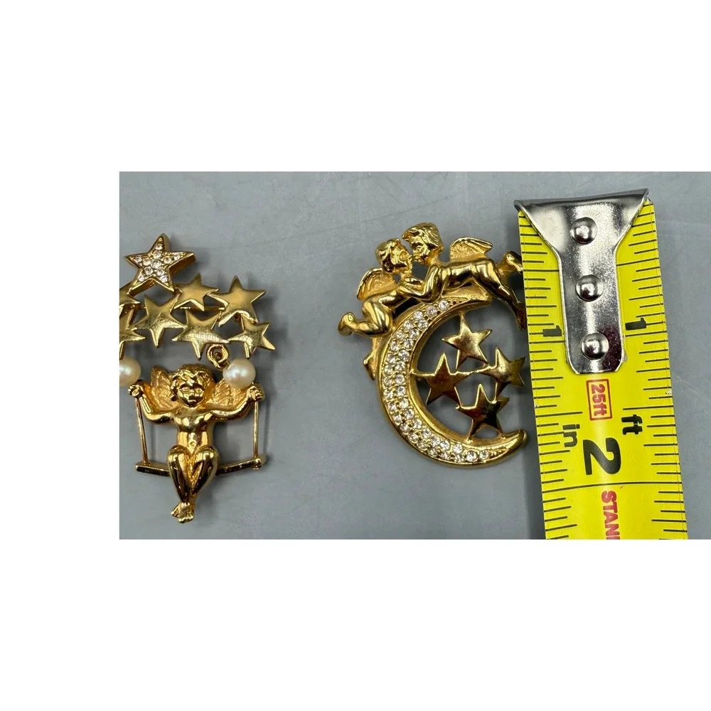 Vintage Gold Tone Cherub Brooch Set Celestial Moon Stars Faux Pearl Rhinestone